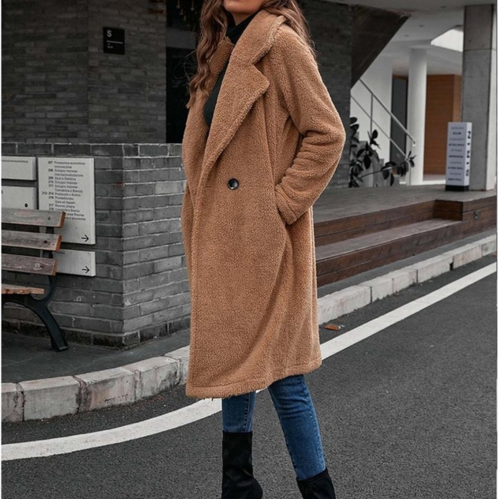 Khaki Pocket Plush Double-Breasted Coat